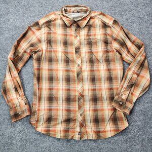 Mens Columbia Brown‎ Orange Plaid Long Sleeve Fishing Shirt Zippered Pocket XL?